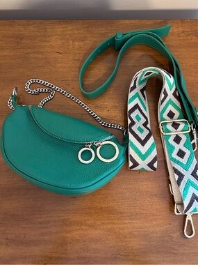 Pebbled Leather Crescent Crossbody with Silver Chain Detail